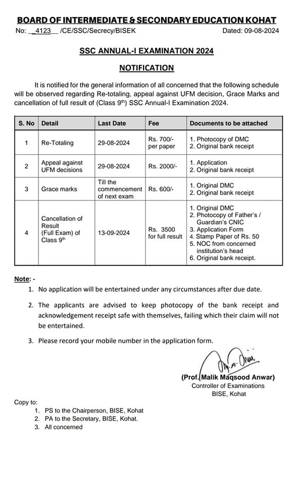 Kohat Board SSC Part 1 Retotaling Schedule 2024